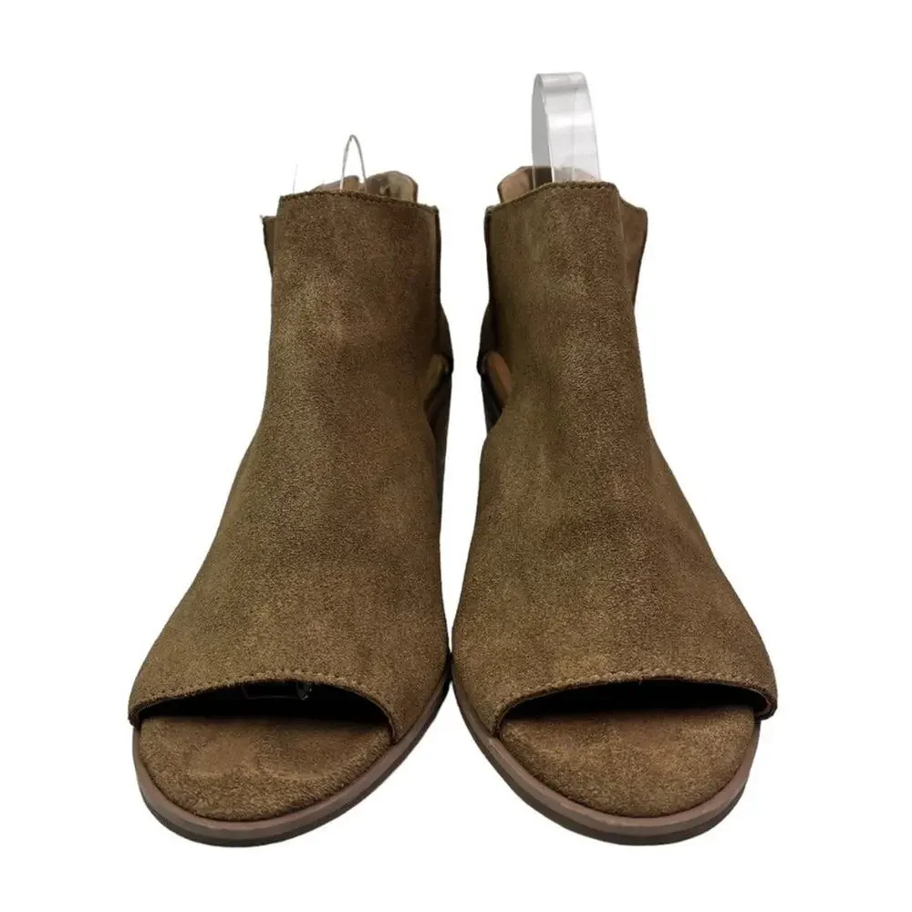 Lucky Brand Ankle Booties Womens 6.5 M Brown Keight Stacked Heel Open Toe Suede